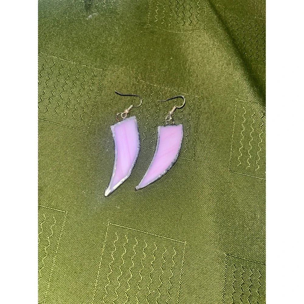 Handmade Stained Glass Tusk Earrings Pink Marbled Claw Dangle Artisan Jewelry